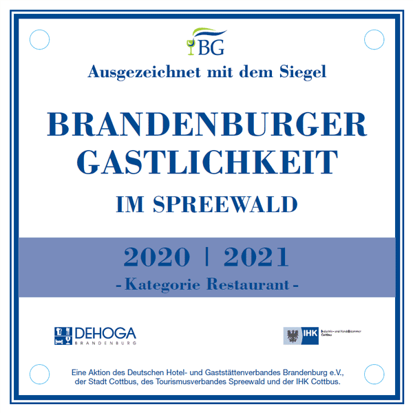 Auszeichnung für das SPREE.Erlebnisrestaurant 2020/2021: Das Siegel „Brandenburger Gastlichkeit“